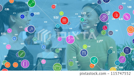 Image of connections with tech icons over diverse female coworkers in office 115747552