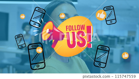 Image of follow us and smartphones over biracial woman smiling at camera in office 115747559