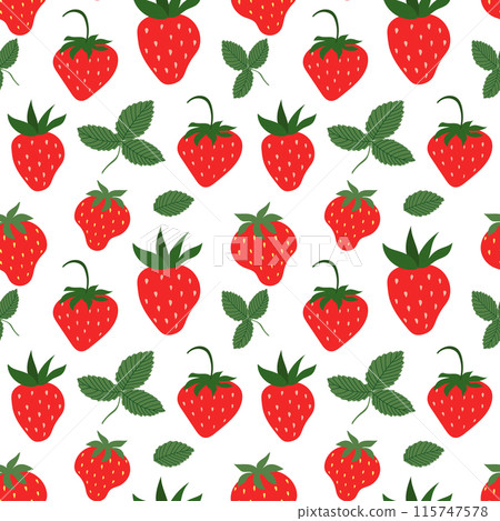 Seamless pattern with strawberry berries and leaves. Garden and nature hand drawn summer background 115747578