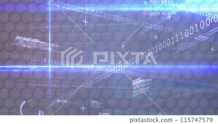 Image of shapes over data processing and light trails on white background 115747579