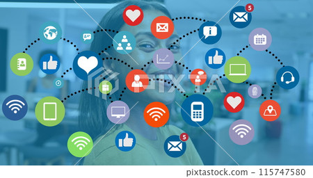 Image of globe made of technology icons on blue background 115747580