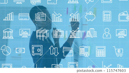 Image of financial icons over african american woman in office Image of financial icons over african american woman in office 115747603