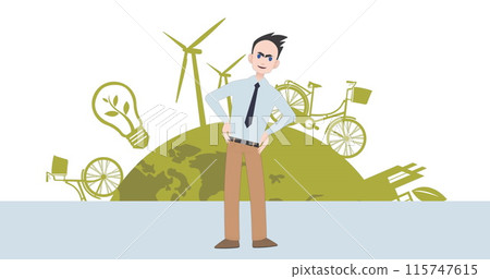 Image of caucasian businessman making presentation over globe with icons 115747615