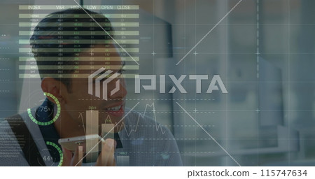 Image of financial data and graphs over happy hispanic man using smartphone Image of financial data and graphs over happy hispanic man using smartphone 115747634