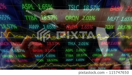 Image of financial data and graphs over hands of caucasian man using payment terminal Image of financial data and graphs over hands of caucasian man using payment terminal 115747650