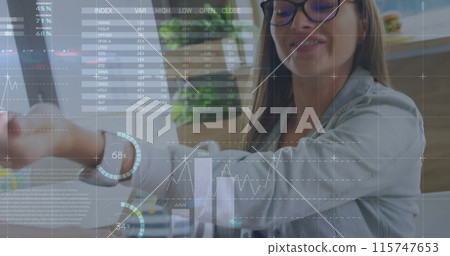 Image of financial data and graphs over hands of caucasian woman using payment terminal 115747653