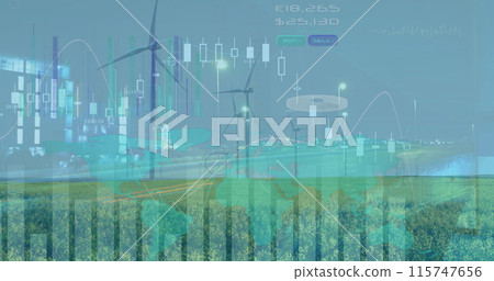 Image of graphs moving against wind turbines with cityscape 115747656