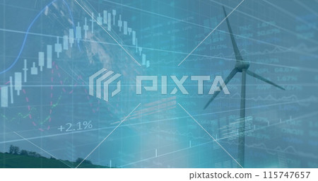 Image of graphs, world map with data processing on digital interface against wind turbine 115747657