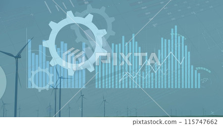 Image of statistics and data processing over wind turbines 115747662