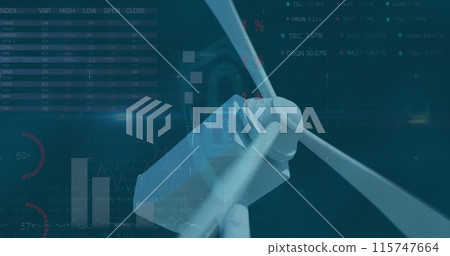 Image of graphs, charts with data processing on digital interface against wind turbine 115747664