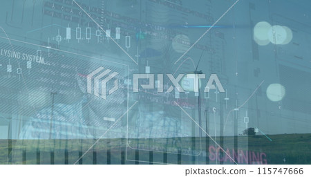 Image of graphs and data over wind turbines and caucasian man working Image of graphs and data over wind turbines and caucasian man working 115747666