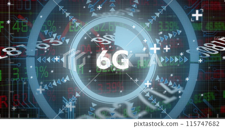 Image of 6g, numbers, processing circle and financial data on digital screen 115747682