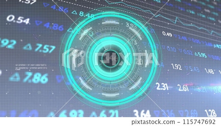 Image of numbers, processing circle with glitch and financial data on digital screen Image of numbers, processing circle with glitch and financial data on digital screen 115747692