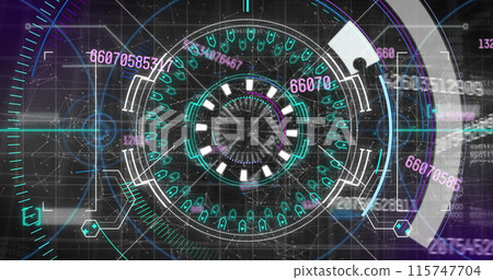 Image of numbers, processing circle and financial data on digital screen 115747704