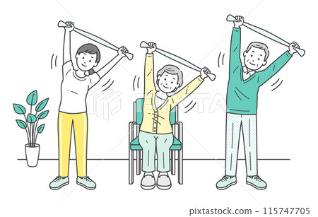 Illustration set of elderly men and women stretching and caregivers 115747705