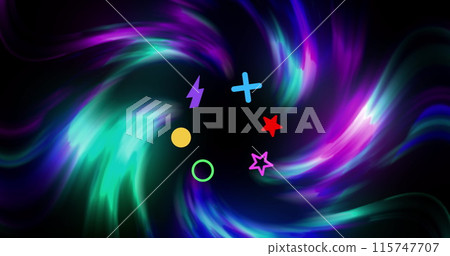 Image of colorful shapes over light trails on black background 115747707