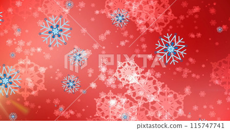 Image of snow falling over christmas decorations on green background 115747741