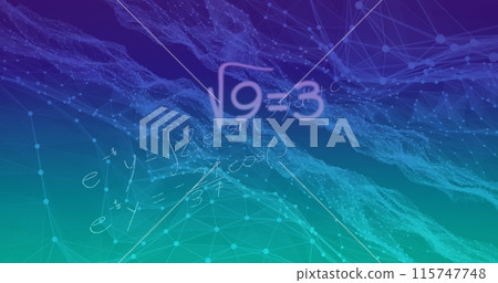 Images of network of connections with mathematical formulas on blue background 115747748