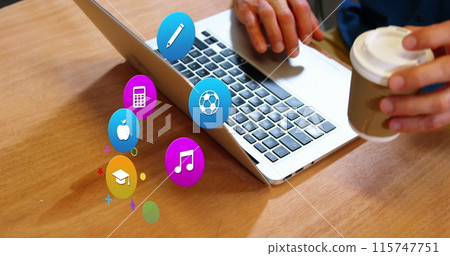 Image of colorful icons over caucasian man using laptop Image of colorful icons over caucasian man using laptop 115747751
