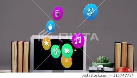 Image of colorful icons over laptop on desk 115747754
