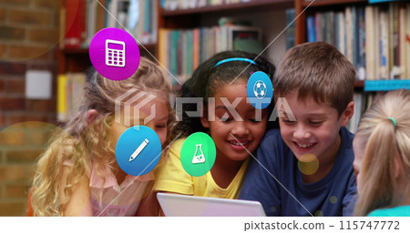 Image of colorful icons over diverse schoolchildren using tablet Image of colorful icons over diverse schoolchildren using tablet 115747772