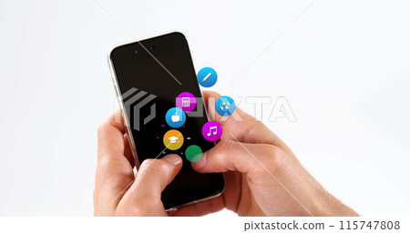 Image of colorful icons over hands using smartphone 115747808