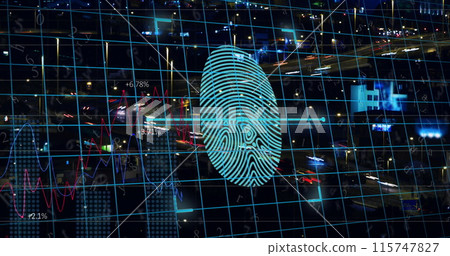 Image of digital fingerprint with grid over time lapse of vehicles moving on street in city Image of digital fingerprint with grid over time lapse of vehicles moving on street in city 115747827