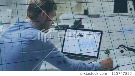 Image of data processing and icons with numbers over caucasian man using laptop 115747833