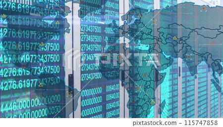 Image of world map and data processing over computer servers Image of world map and data processing over computer servers 115747858