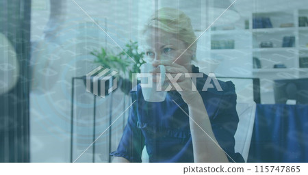 Image of binary coding data processing over woman drinking coffee at home 115747865