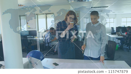 Image of world map over diverse business people 115747879