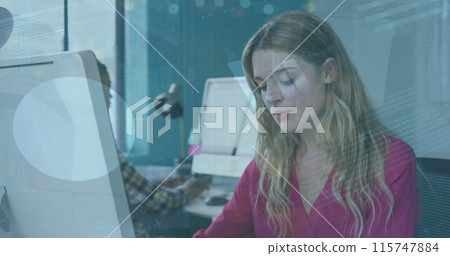 Image of statistical data processing over caucasian woman using computer at office Image of statistical data processing over caucasian woman using computer at office 115747884