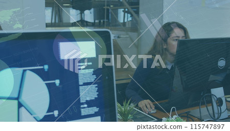 Image of statistical data processing over biracial woman using computer at office 115747897
