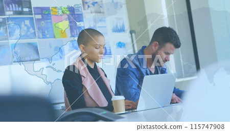 Image of world map over diverse business people 115747908