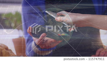 Image of financial data processing over people using smartphone and payment terminal Image of financial data processing over people using smartphone and payment terminal 115747911