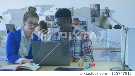 Image of world map over diverse business people Image of world map over diverse business people 115747912