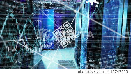 Image of financial data processing over server room and qr code 115747923