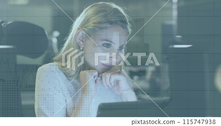 Image of statistical data processing over thoughtful caucasian woman looking at computer screen 115747938