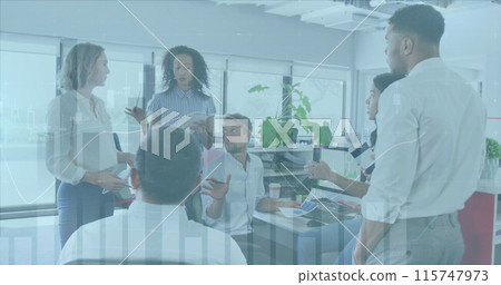 Image of statistics and financial data processing over business people discussing in office 115747973