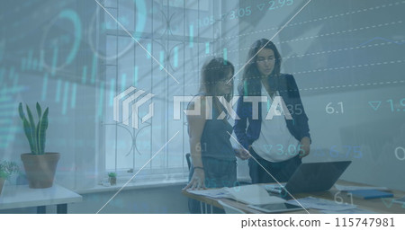 Image of statistics and financial data processing over business people in office 115747981