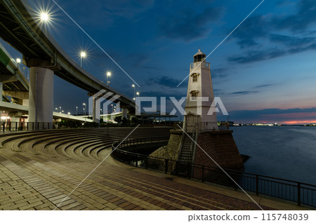 Historical site: Old Sakai Lighthouse and Hanshin Expressway, night view, late time Historical site: Old Sakai Lighthouse and Hanshin Expressway, night view, late time 115748039