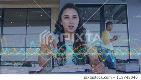 Image of data processing over biracial businesswoman in office Image of data processing over biracial businesswoman in office 115748040