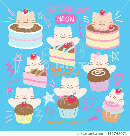 Cakes and cupcakes with cat for cartoon character, comic, mascot, plush toy, doll, sweet dessert, cafe, Valentine's card, patches, stickers, pet, vet, food logo, icon, birthday party, cat lover, logo Cakes and cupcakes with cat for cartoon character, comic, mascot, plush toy, doll, sweet dessert, cafe, Valentine's card, patches, stickers, pet, vet, food logo, icon, birthday party, cat lover, logo 115748071
