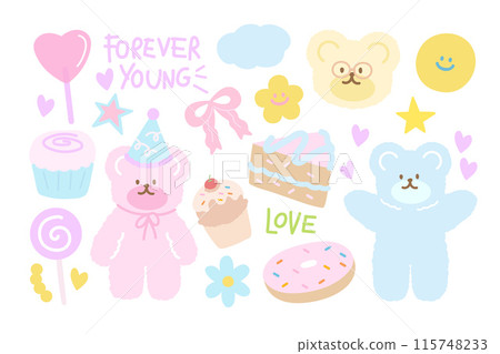 Happy Birthday illustration with teddy bear, party hat, cupcake, cake, candy, donut, pink ribbon, star for birthday card, party, cafe, restaurant, menu, recipe, baking, cartoon, kids, toddler, sticker 115748233