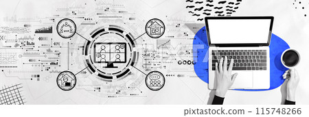 Online meeting theme with person using a laptop Online meeting theme with person using a laptop 115748266
