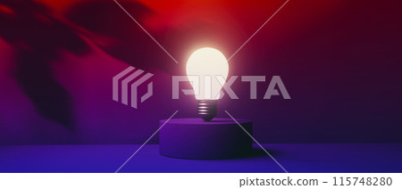 Light bulb on a podium with shadow of leaves - 3D 115748280