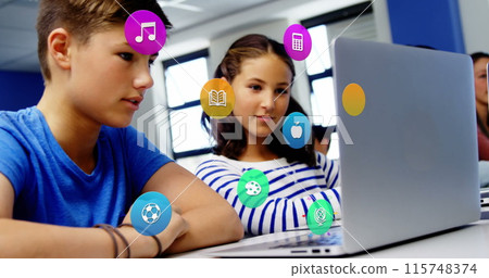 Image of colorful icons over diverse schoolchildren using laptop 115748374