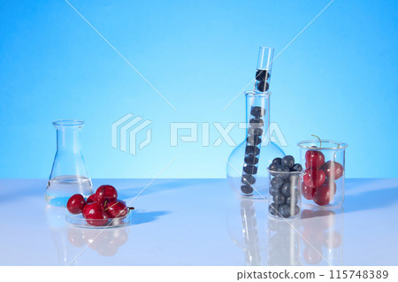 On both sides of the countertop displaying some lab items consist of beaker, boiling flask, test tube, erlenmeyer flask and erlenmeyer with fresh fruits as cherry and blueberry, over blue background On both sides of the countertop displaying some lab items consist of beaker, boiling flask, test tube, erlenmeyer flask and erlenmeyer with fresh fruits as cherry and blueberry, over blue background 115748389