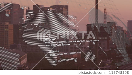 Image of world map and financial data processing over cityscape 115748398