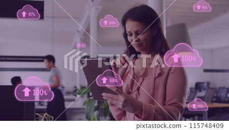 Image of cloud data processing over biracial businesswoman in office 115748409